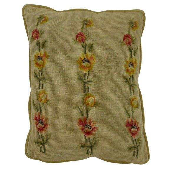 VTG Yellow Orange Poppy Needlepoint Throw Pillow Rectangle Velvet Country Floral - Picture 1 of 7